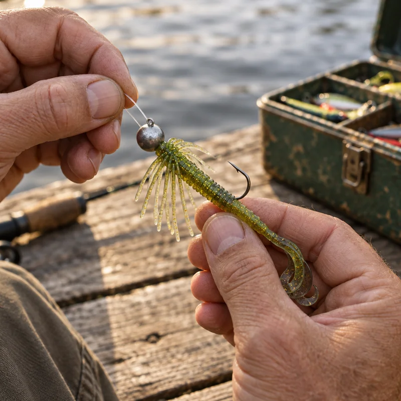 Angler rigging water dance skirted jig on wooden dock